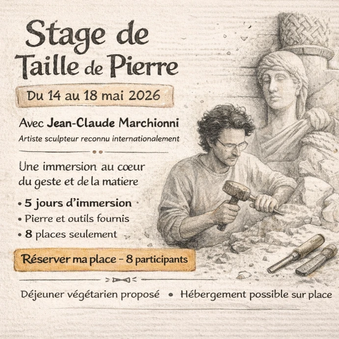 Affiche du stage de taille de pierre avec Jean-Claude Marchionni organisé par SPARKA en mai 2026