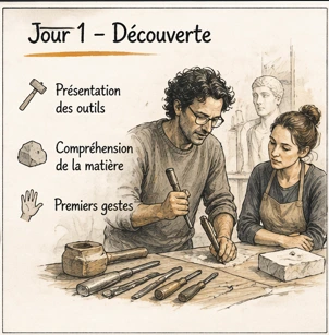 Jour 1 stage taille de pierre découverte des outils et premiers gestes en atelier