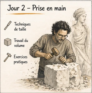 Jour 2 stage taille de pierre techniques de taille et travail du volume sur bloc de pierre