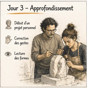 Jour 3 stage taille de pierre approfondissement avec début de projet personnel et correction des gestes