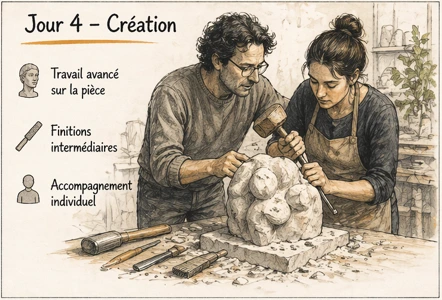 Jour 4 stage taille de pierre création et travail avancé sur une sculpture avec accompagnement individuel