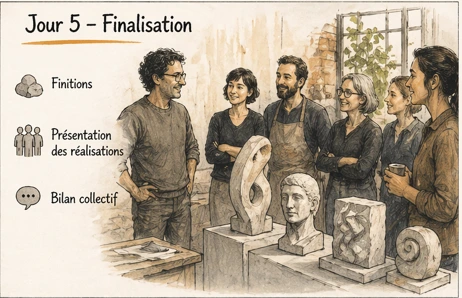 Jour 5 stage taille de pierre finalisation des œuvres et présentation collective des réalisations